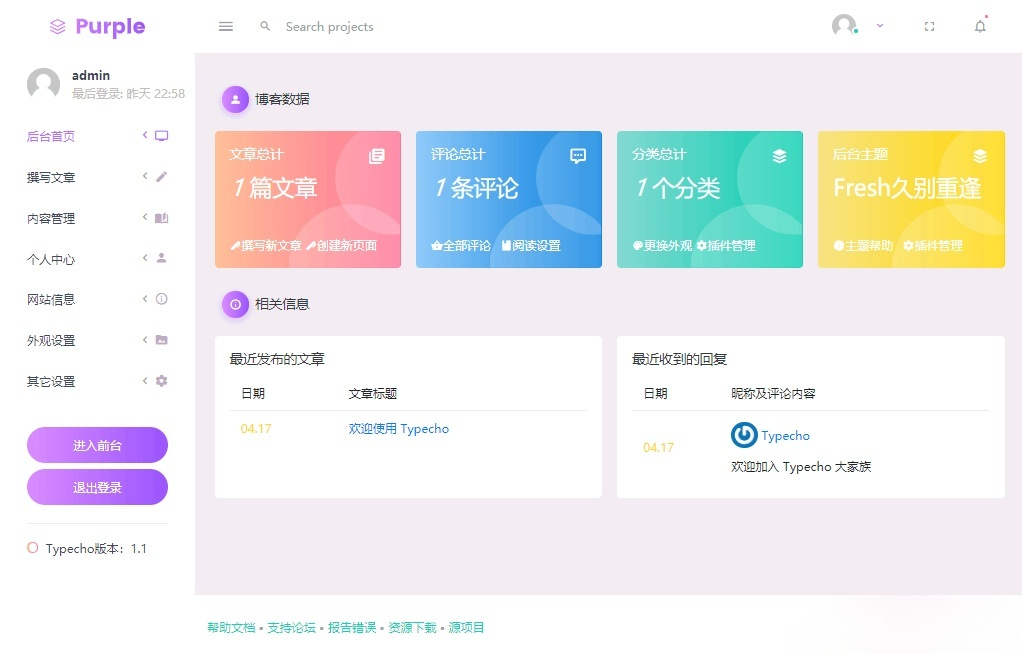 Fresh扁平自适应Typecho后台管理主题 图片